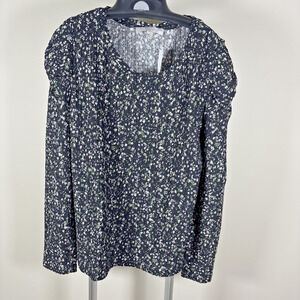 LOFT Black Floral Shirred Puff Long Sleeve Shirt Top Stretchy Women's L NWT